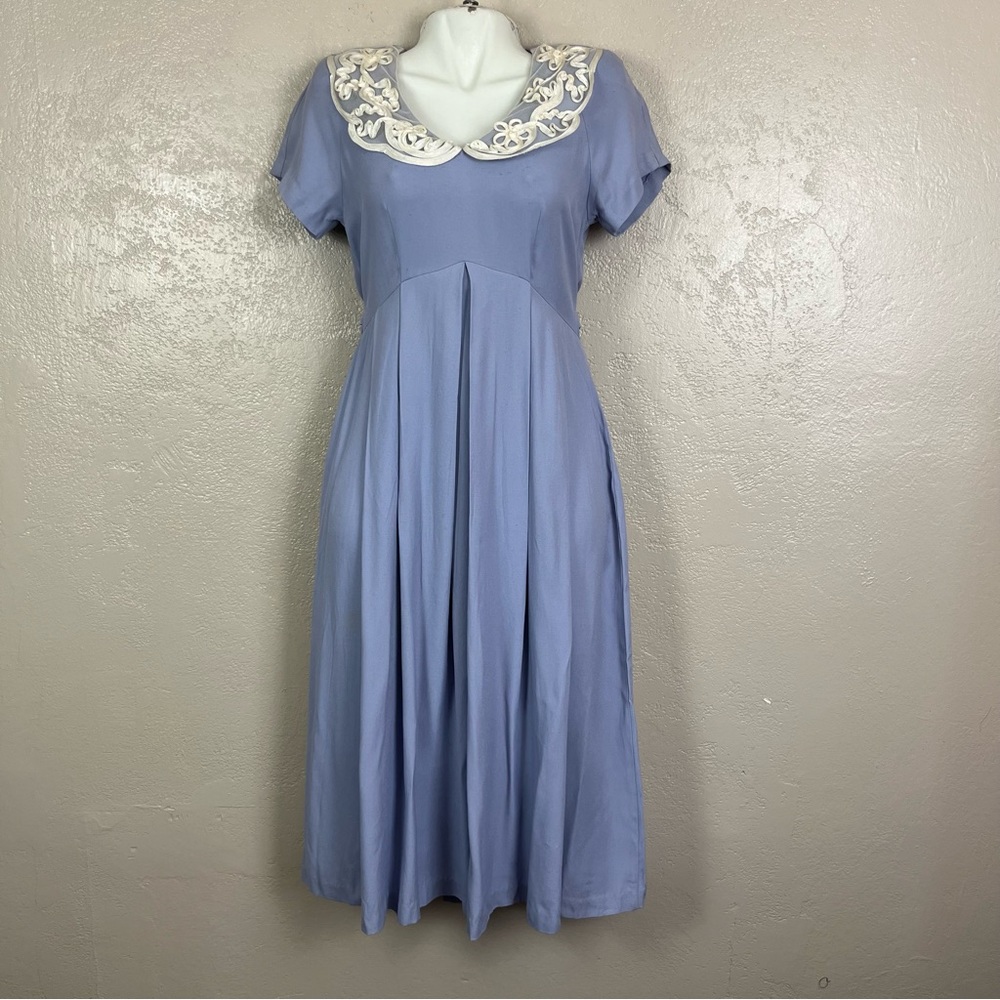 Vintage EXPO  Short Sleeve‎ Lace Collar Tie Blue Floral Dress  6 PETITE